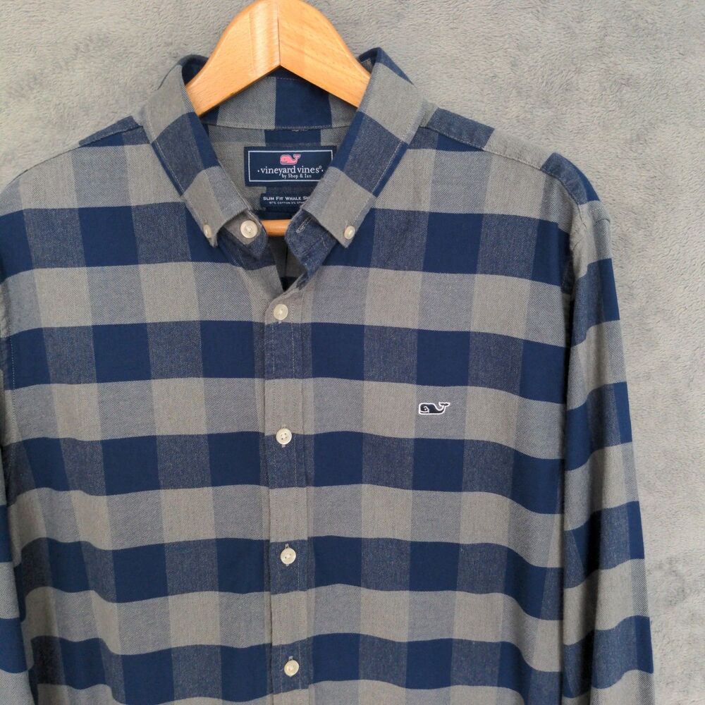 Vineyard Vines Slim Fit Whale Shirt Men's Large Blue Gray Check Flannel
